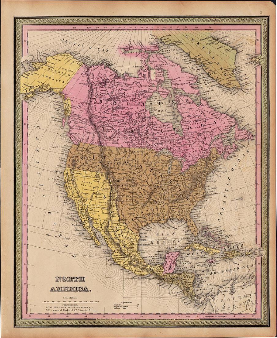 Mitchell: Map of North America, 1848: North America, S. Augustus Mitchell, 1848. 13 x 15.75 inches. Great transitional map showing political boundaries within that short time period after the Canadian/U.S. boundary settlement and before t
