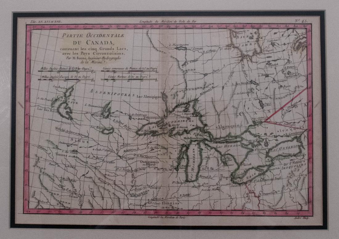 Bonne: Map of the Great Lakes, 1880: Map: 1880 Bonne Map of the Great Lakes -- Partie Occidentale du Canada, contenant les cinq Grands Lacs, avec les Pays Circonvoisins Cartographer: R. Bonne Year / Place: 1780 Paris Map Dimensions: 8.3 