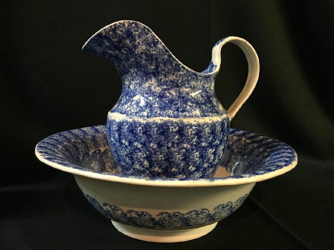 1840's Blue Spongeware Spatterware Bowl & Pitcher (1 of 7)
