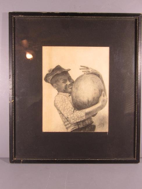 Folk Art Drawing of a Black Boy: Drawing of a young black boy holding a big watermelon. The image itself measures 9” x 7” and the turn of the century frame measures 16” x 14”. It is signed lower right with the initials KSB. P