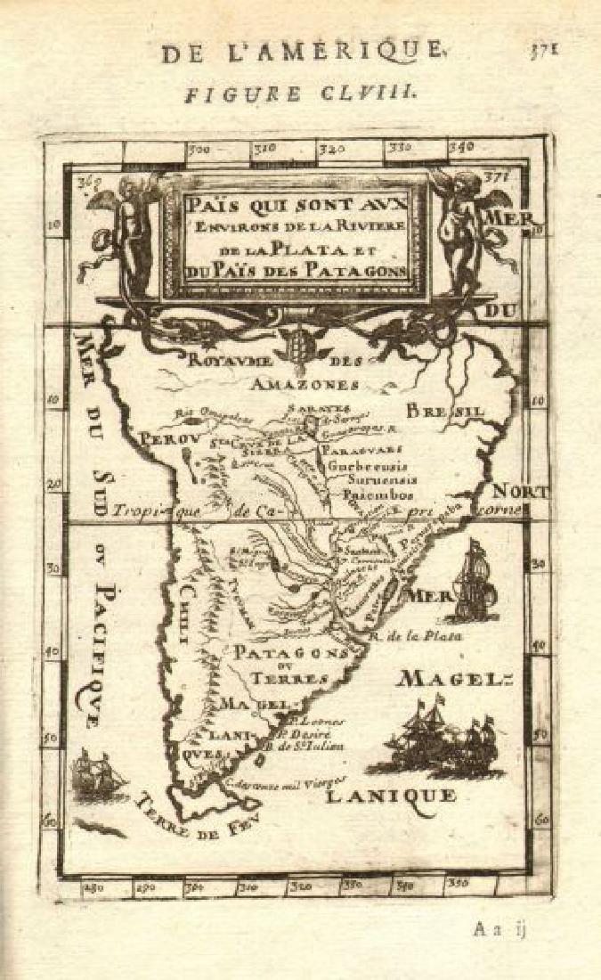 Mallet: Map of South America, 1683: Map Title: 'Païs qui sont aux environs de la riviere de la Plata et du païs des Patagons' SOUTH AMERICA, The Map runs from Brazil to Tierra del Fuego. Brazil Peru Chile Patagonia Tribes Date Printed