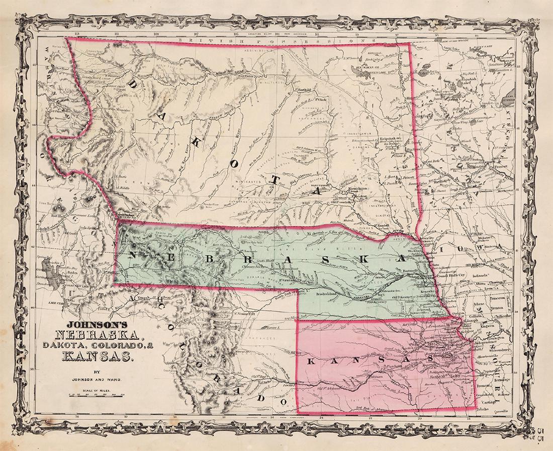 Johnson: Map of Nebraska Dakota Colorado Kansas, 1862: Map: Johnson's Nebraska, Dakota, Colorado & Kansas Maker: Johnson & Ward Date: 1862 Size: 12.5 x 15.5 inches Condition: Couple of very light, tiny spots in image. Stains in margin. Two spots in frame.