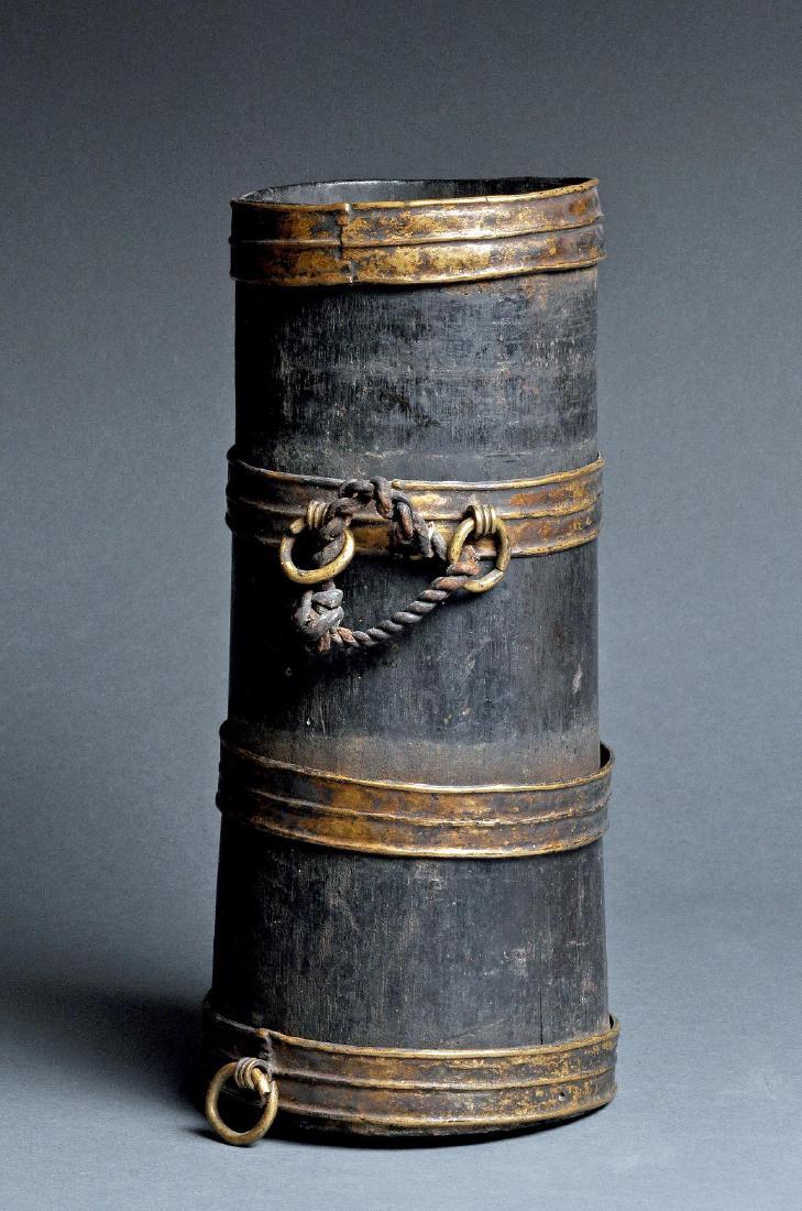 Tibetan Bamboo Chang Container, 19th C: Item: Tibet bamboo chang container Age: 19th century Size: 11” highx4 3/4” dia Material: Bamboo - brass fittings. Chhaang or chang is a Nepalese and Tibetan alcoholic beverage also popular in part