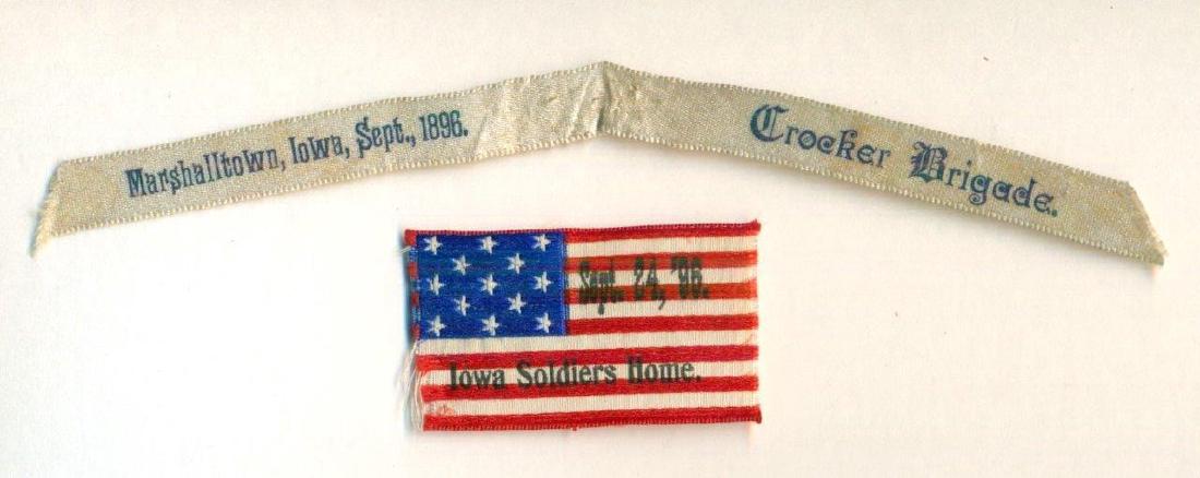 Lot of 2 US Flag Ribbon Crocker Iowa Brigade Civil War: Lot of 2 CROCKER's IOWA BRIGADE Biennial Reunion-- Marshalltown, Iowa Memorabilia. Lot includes printed satin ribbon, "Marshalltown, Iowa, Sept., 1896. Crocker Brigade.". Also a 13 star US American Fl