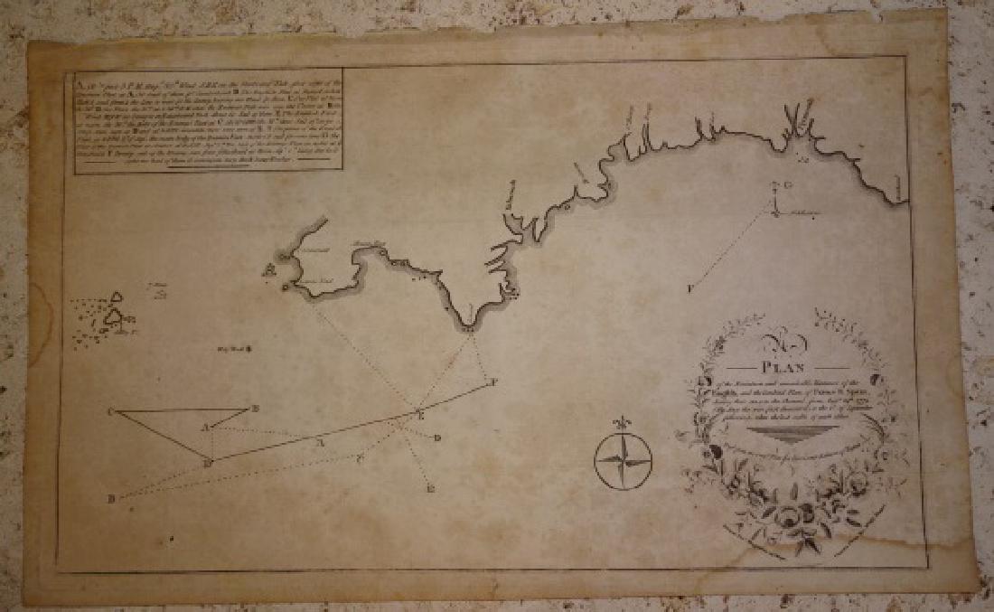 Plan of the English & combined fleets of France & Spain: 1786 Engraving. “Plan of the Situation and Remarkable Manner of the English and the combined fleets of France and Spain”, engraved by Sudlow, 1786 for Harrison, History of England. Very Good, mild