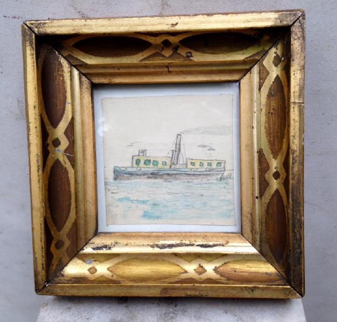 19th Century Steamboat Watercolor: 19 th Century Steamboat Watercolor C1850's watercolor of a steamboat framed in 19thc gold leaf. Came with other artwork of Thomas and Sayler Coon, Burdett, NY (within town of Hector- east of Seneca La