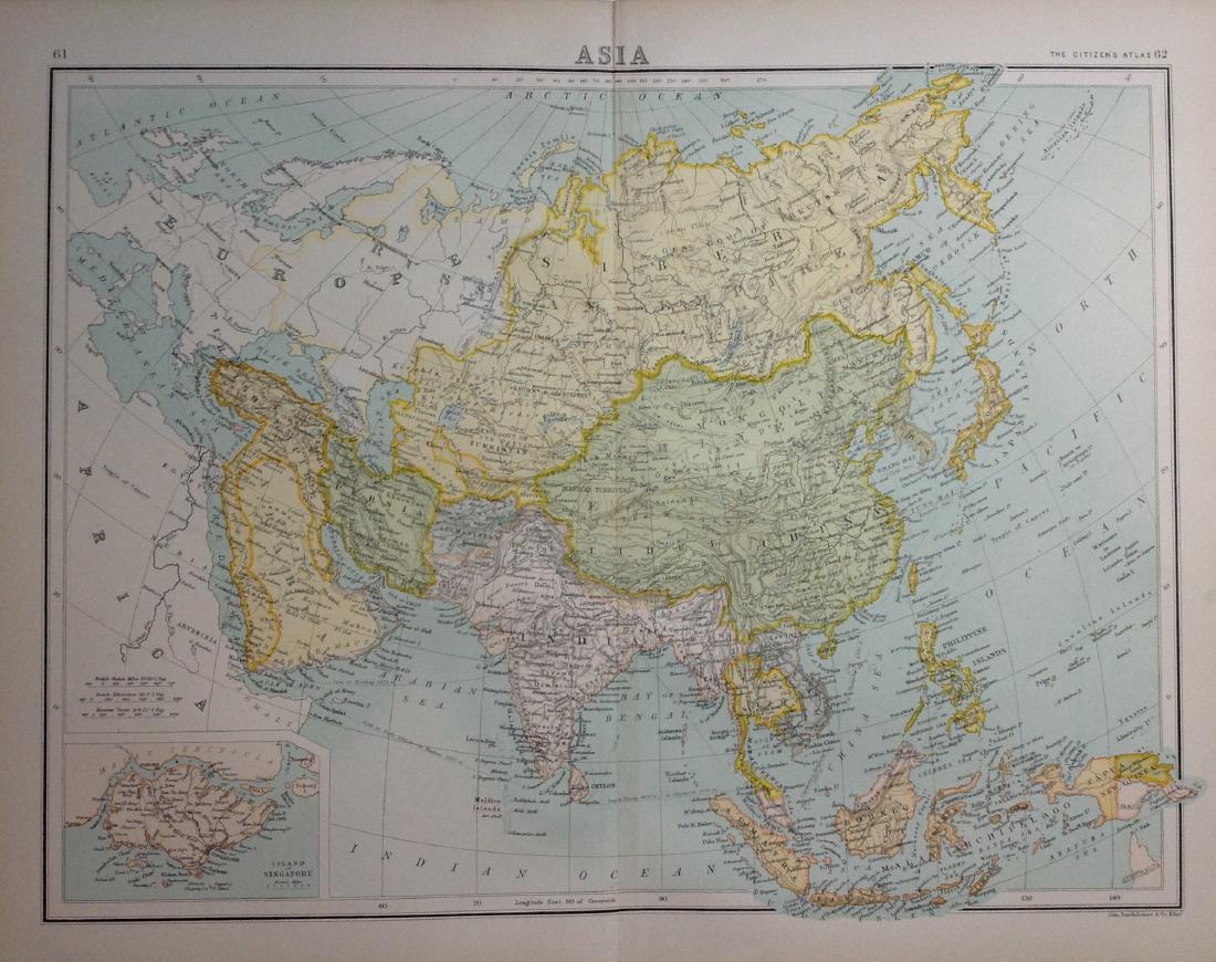 Bartholomew: Map of Asia, 1898: Map: Asia Date: 1898 Size: 17.75 x 14 inches With inset of the Island of Singapore From Bartholomew's "The Citizen Atlas of the World" Please note that this lot has a confidential reserve. When you le
