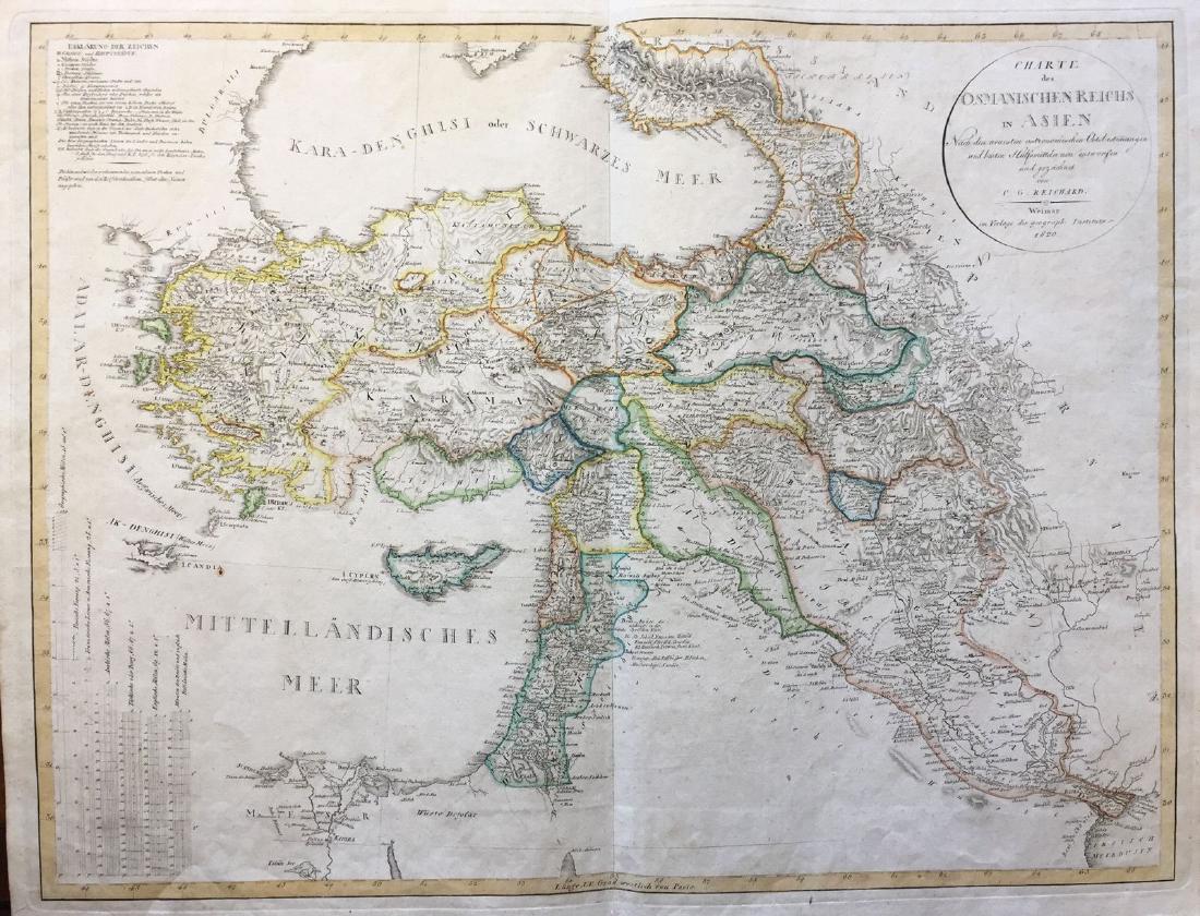 Reichard: Ottoman Empire in Asia Map, 1820: Map: Ottoman Empire in Asia Map, "Charte des Osmanischen Reichs in Asien" Cartographer: Reichard Place & Date: Weimar / 1820 Size: 24 3/4" x 19" Condition: light overall age toning; an occasional spot