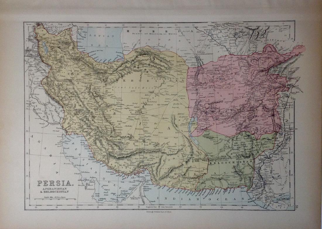 Black: Map of Persia, Afghanistan & Beloochistan, 1885: Map: Persia, Afghanistan & Beloochistan Maker: Adam and Charles Black Date: 1885 From Black's "General Atlas of the World" Size: 17.75 x 13 inches Please note that this lot has a confidential reserve.
