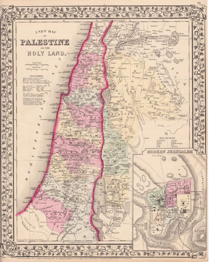 Mitchell: A New Map of Palestine or the Holy Land, 1867: Map: A New Map of Palestine or the Holy Land Cartographer: S. A. Mitchell Place & Date: Philadelphia / 1867/1870 Size: 11 5/8" x 14 1/8" Condition: full color; light overall age toning The beautifully