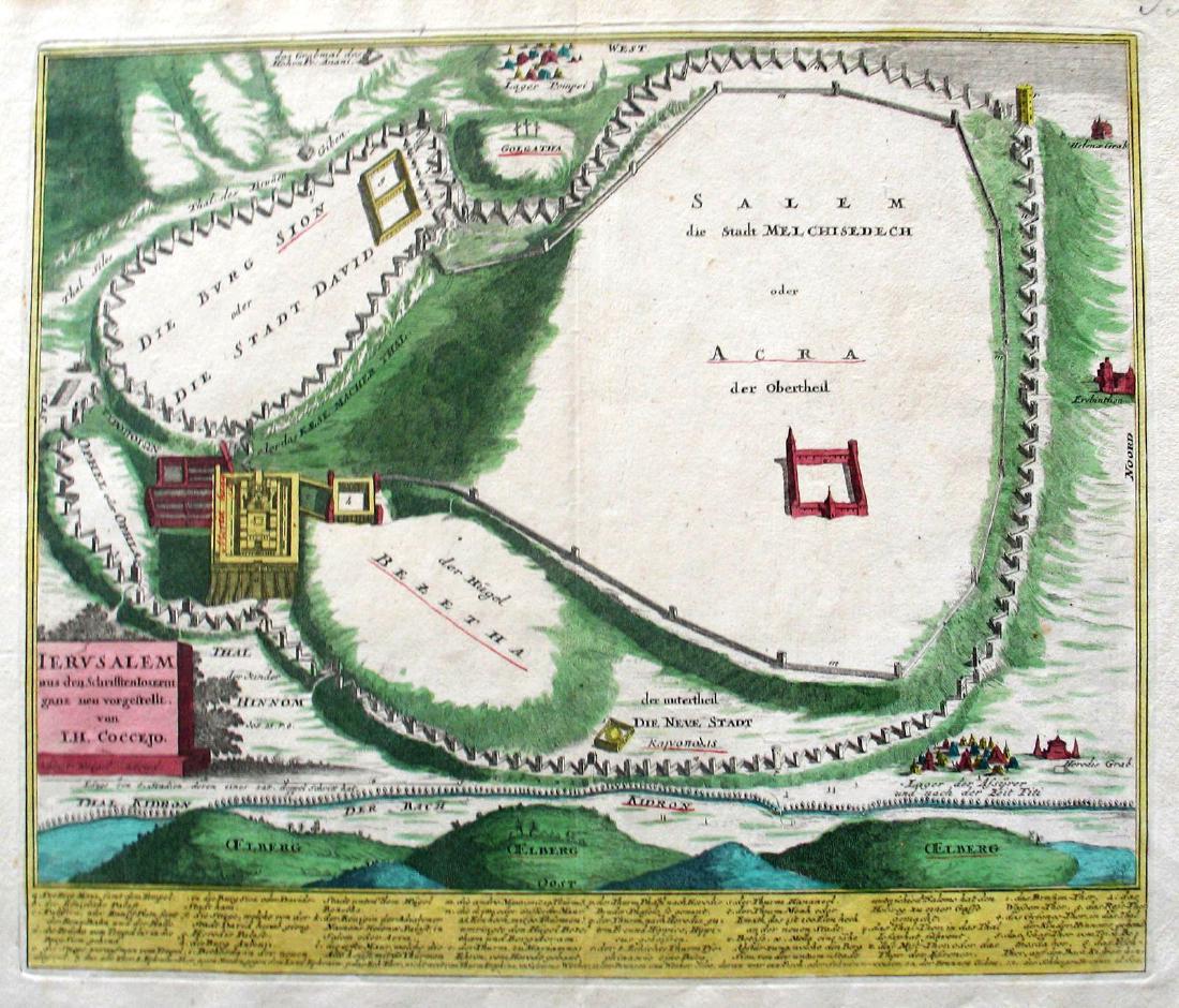 I.H. Coccejo / Weigel: Map of Jerusalem, 1720: Map: Jerusalem, "Ierusalem aus den Schrifften Iosephi" Cartographer: I.H. Coccejo. / Weigel Place & Date: Nuremberg / 1720 Size: 16 5/8" x 13" Condition: original color; overall age toning and minor s