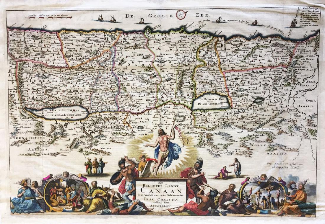 Stoopendaal: Map of Beloved Land of Canaan, 1702: Map: Beloved Land of Canaan, "Het Beloofde Landt Canaa" Cartographer: D. Stoopendaal Place & Date: Amsterdam / 1702 Size: 18" x 14" Condition: light overall age-toning, some browning mostly along marg