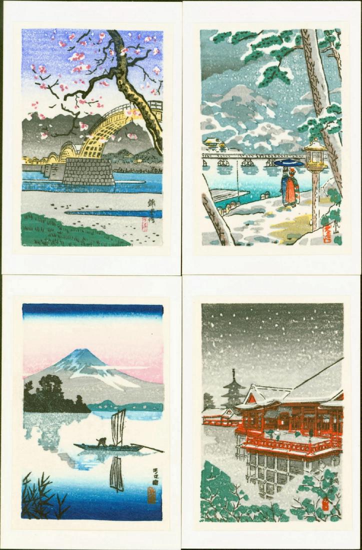 Tsuchiya Koitsu: Group of Small Prints: Artist: Tsuchiya Koitsu Set of 4: Titles: Arashiyama Kintai Bridge in Iwaki Kiyomizu Temple Kawaguchi Lake Date: 1930s Size: Approximately 3.5 x 2.25 inches Publisher: Shobido Tanaka Medium: Japanese 