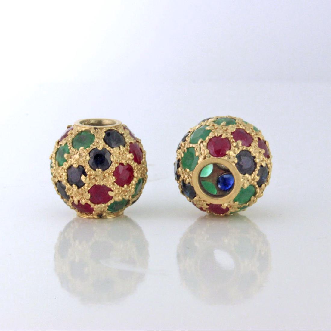 Ruby Emerald Sapphire 14k Gold Slide Pendants 1978: gemstone encrusted beads / slides to wear as a pendant on a chain or on a link bracelet condition: excellent estate condition circa 1978 stone: ruby, emerald, sapphire metal: 14k yellow gold weight: 6