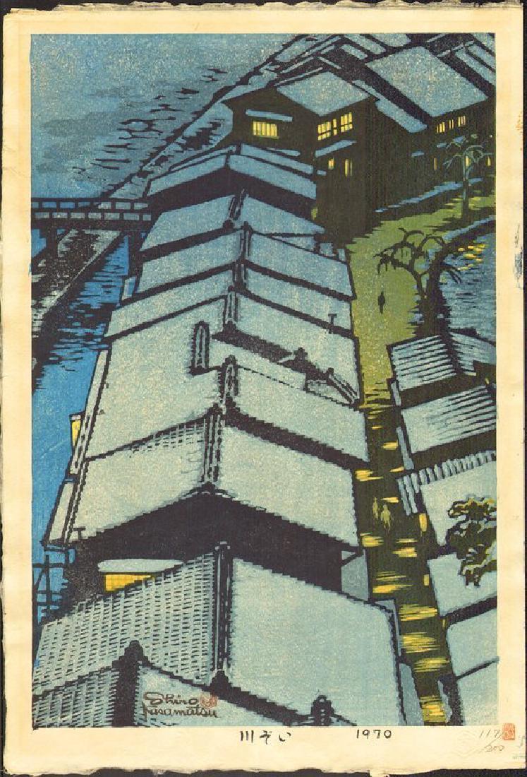 Kasamatsu Shiro: Riverside: Artist: Kasamatsu Shiro Riverside (Kawazoko) 1970 Size: Dai-oban, Approximately 16.5 x 11.0 inches Medium: Japanese Woodblock Print Edition: 117/200. Publisher: Self. Signed and sealed. Bears the Kasa