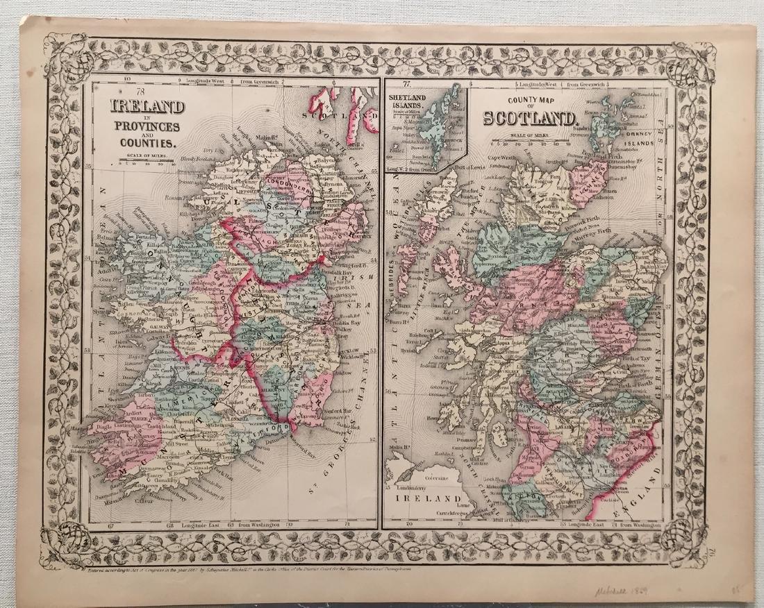 MItchell: Map of Ireland and Scotland, 1869: Title: Map of Ireland and Scotland by Mitchell Date: 1869 Dimensions (inches): 15 x 12 Medium: Hand Colored Engraving Condition: Good Condition Please note that this lot has a confidential reserve. Wh