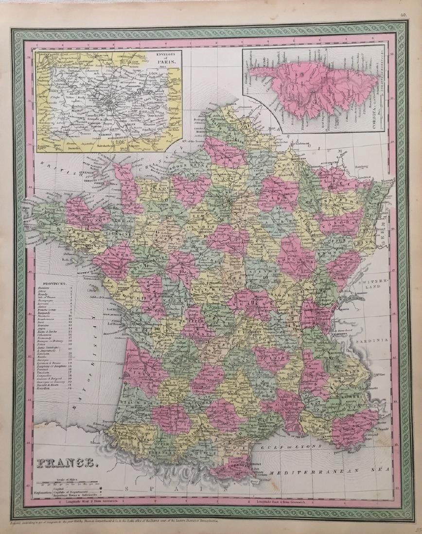 Cowperthwait: Map of France, 1850: Title: Map of France by Thomas Cowperthwait Date: c 1850 Dimensions (inches): 13.6 x 17.2 Medium: Hand Colored Lithograph Condition: Good Condition Please note that this lot has a confidential reser