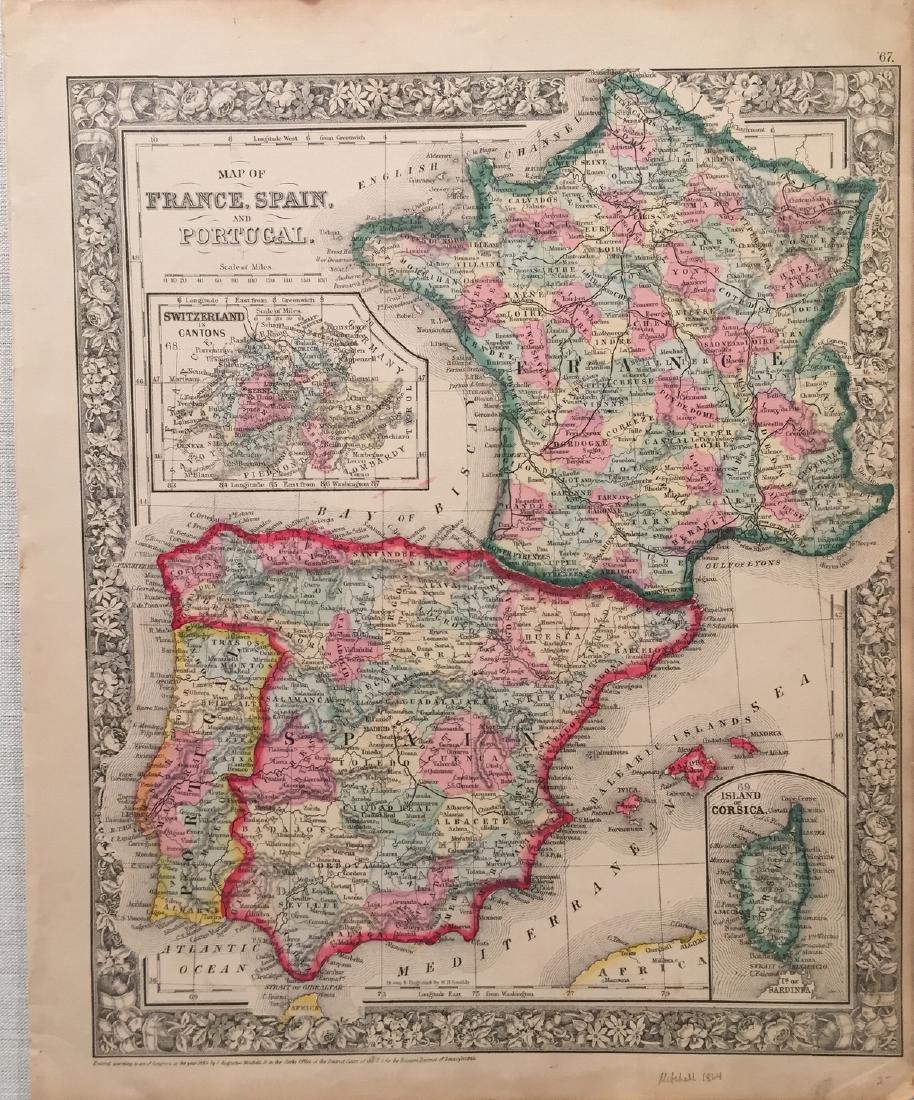 Mitchell: Map of France, Spain, & Portugal, 1864: Title: Map of France, Spain, and Portugal by Mitchell Date: 1864 Dimensions (inches): 14 x 17 Medium: Hand Colored Lithograph Condition: Good Condition Please note that this lot has a confidential r