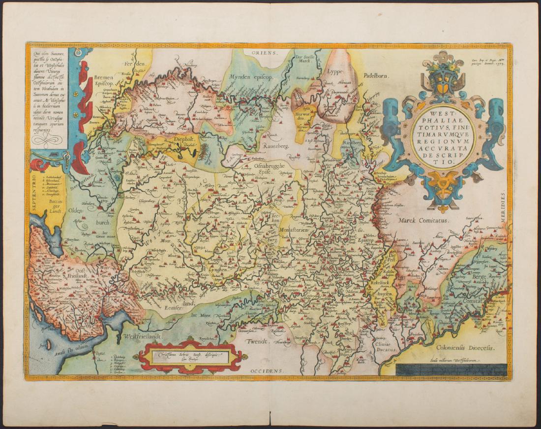 Ortelius: Map of Northwestern Germany, 1579: Title: Westphaliae Totius, Finitimarumque Regionum Accurata Descriptio Map maker: Abraham Ortelius Place and Year: Antwerp, 1579 Dimensions: 35 x 50 cm (14 x 19½ in) Technique: Copperplate engraving 