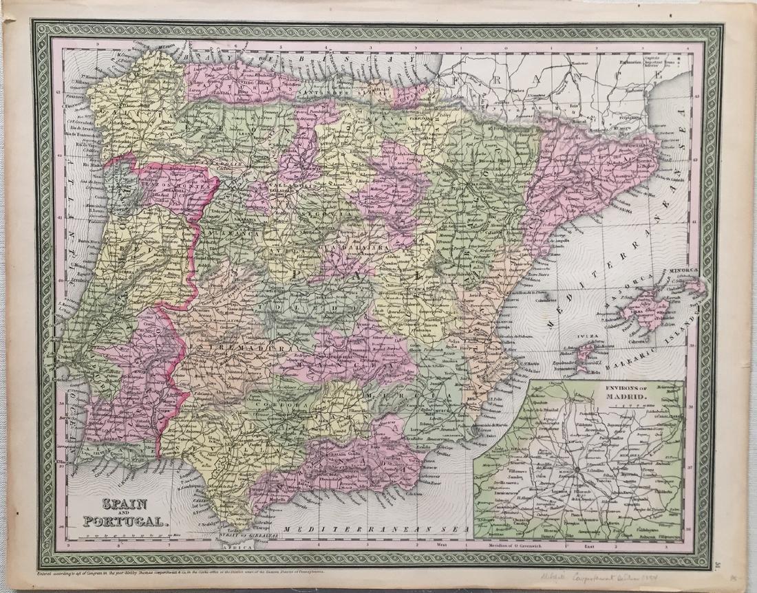 Mitchell Cowperthwait Desilver: Map of Spain & Portugal: Title: Map of Spain & Portugal by Mitchell, Cowperthwait, Desilver Date: 1854 Dimensions (inches): 17 x 14 Medium: Hand Colored Lithograph Condition: Good Condition Please note that this lot has a con