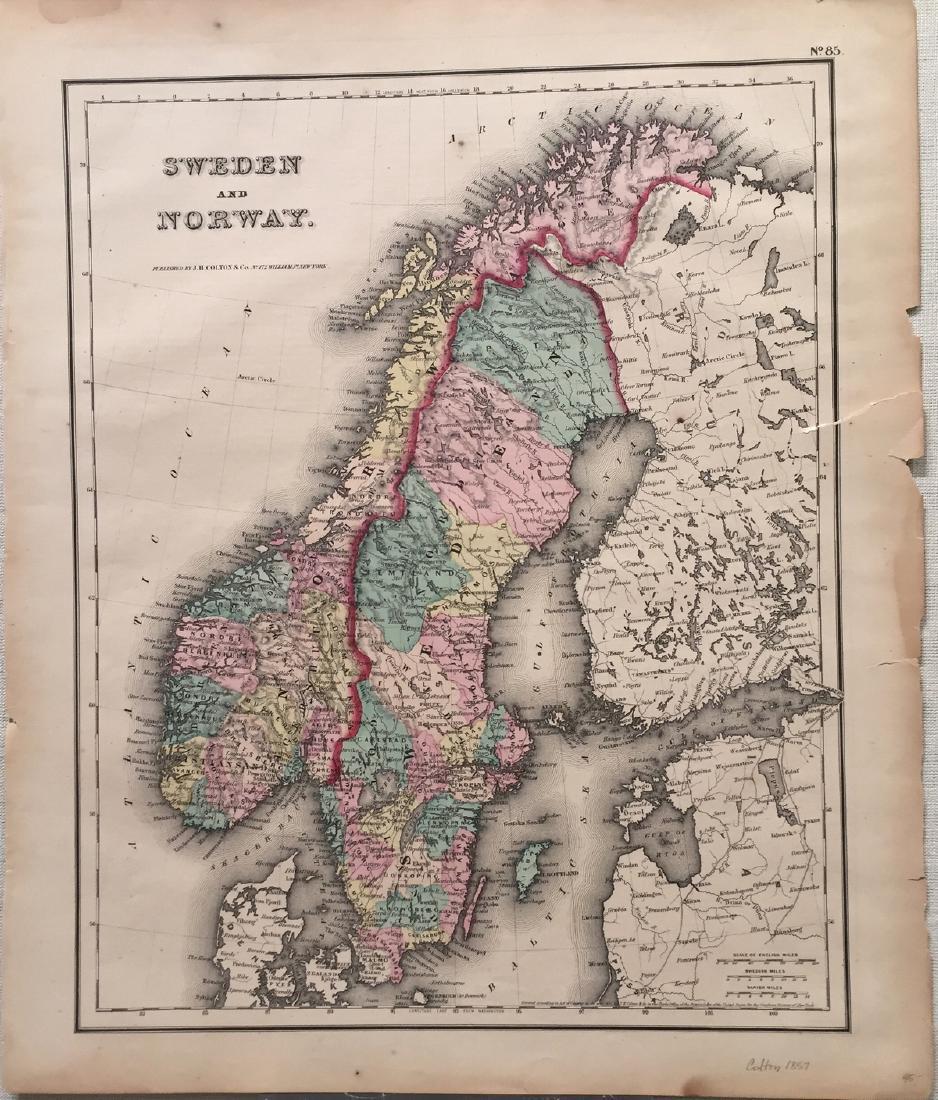Colton: Map of Sweden and Norway, 1857: Title: Map of Sweeden and Norway by Colton Date: 1857 Dimensions (inches): 14 x 17 Medium: Hand Colored Lithograph Condition: Rips along right side Please note that this lot has a confidential reserve