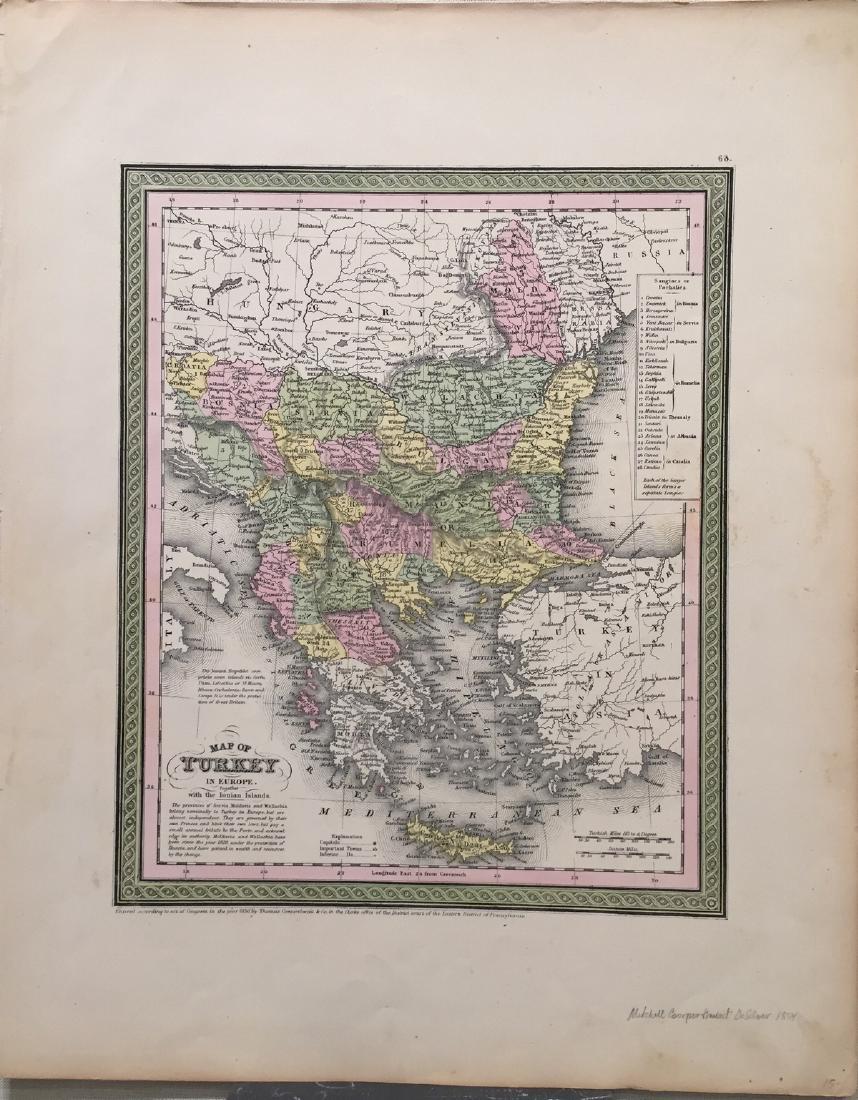 Mitchell, Desilver: Map of Turkey In Europe, 1854: Title: Map of Turkey In Europe by Mitchell, Thomas Cowperthwait, Desilver Date: 1854 Dimensions (inches): 14 x 17 Medium: Hand Colored Lithograph Condition: Good Condition Please note that this lot ha