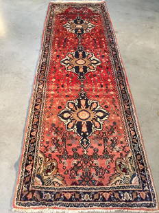 Semi Antique Persian Wool Runner Rug 2'8" x 8'2": Item: Semi Antique Persian Wool Runner RugSize: 2'.8"X 8'.2"Origin: Iran 2'.8"X 8'.2" Semi Antique Persian Hamedan runner in classic red and multi pastel colors , Veggie dye Hand Knotted in Iran