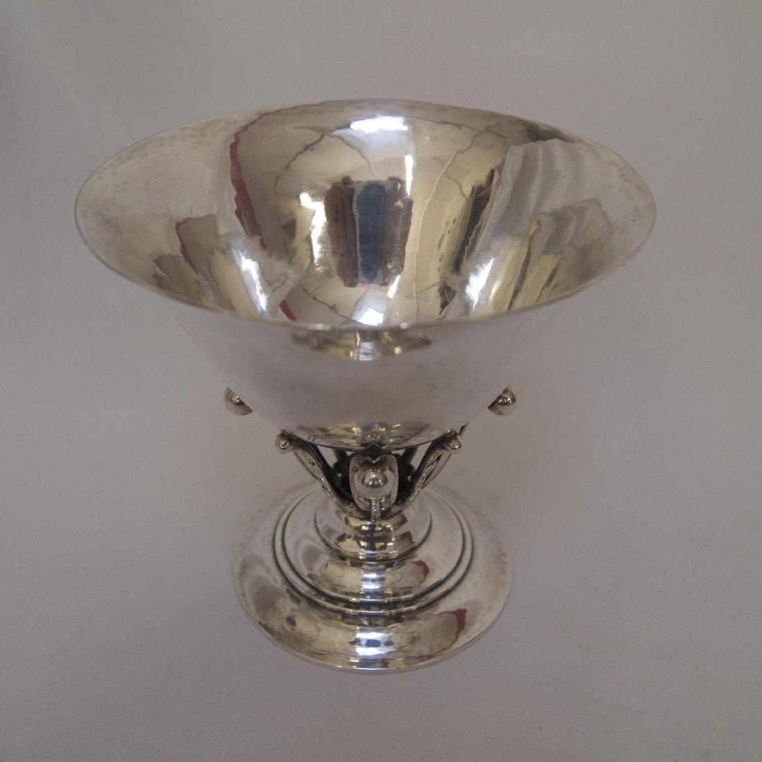 Georg Jensen Johan Rohde Sterling Silver Compote: This is a beautiful Georg Jensen sterling silver compote, made in Denmark in the 1930s. It was designed by Johan Rohde in the classic Jensen style. The circular bowl has a hand hammered finish and sit
