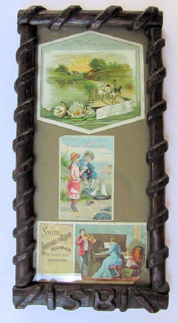 Antique 19th C Folk Carved Wood Frame Trade Cards (1 of 2)