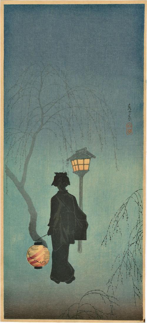 Shotei Takahashi (Hiroaki) Japanese Woodblock Print: Artist: Shotei Takahashi (Hiroaki) Spring Evening 1930, published by Watanabe Provenance: From the estate of Robert O. Muller 6.9 x 15 inches Medium: Japanese Woodblock Print Hiroaki Takahashi (Shotei