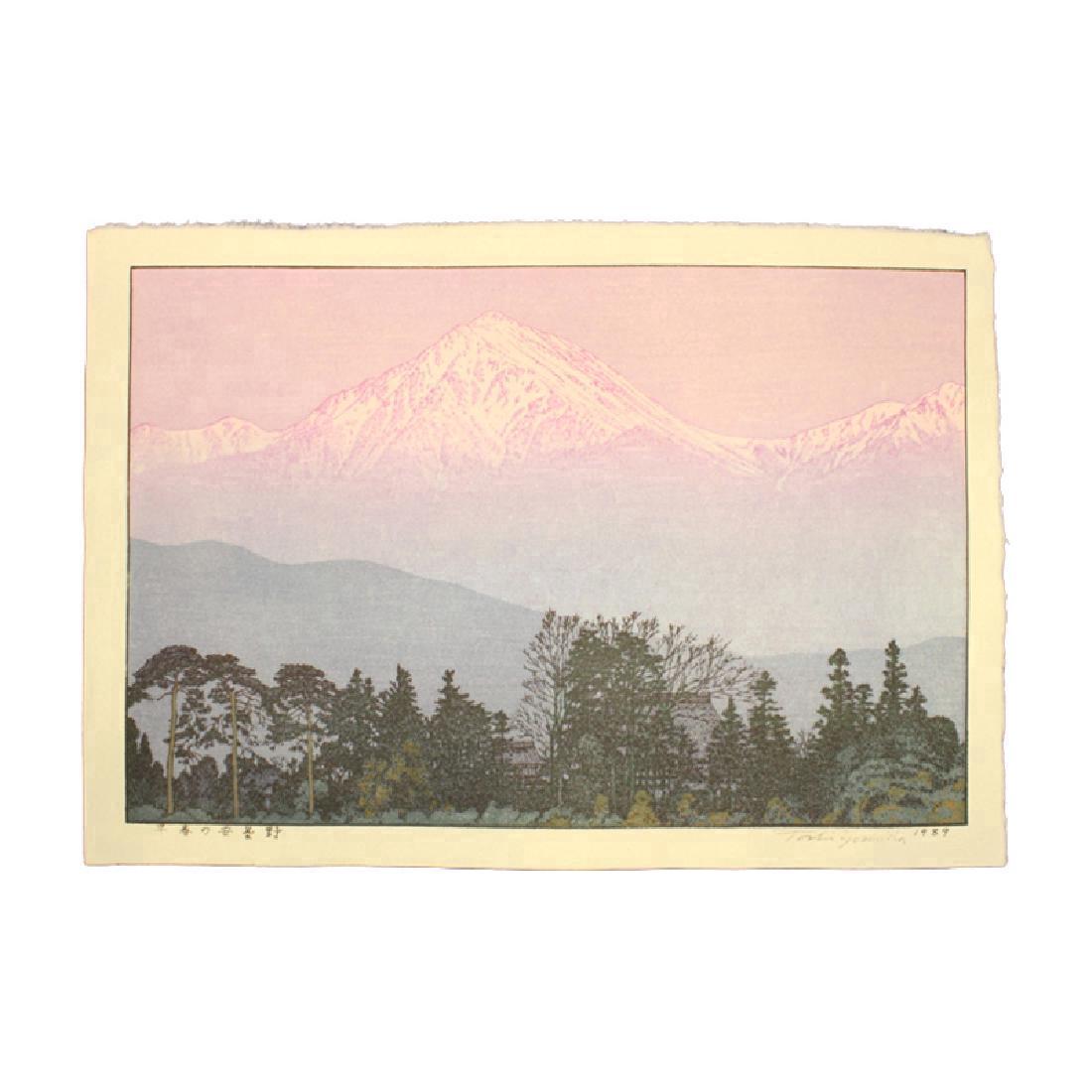 Toshi Yoshida Japanese Woodblock Print: Artist: Toshi Yoshida Early Spring in Azumino Format: Oban (Horizontal) Size: 33.7 x 23.5 cm Date: Showa (1926 - 1989) Medium: Japanese Woodblock Print Azumino is a small town in Nagano prefecture. It