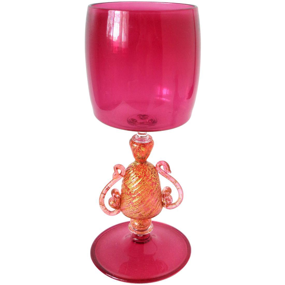 Venetian Murano Ruby Red Gold Flecks Glass Chalice (1 of 4)