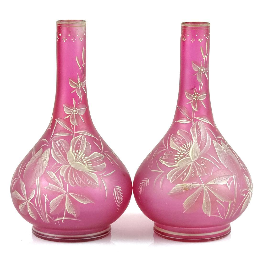 Antique Rose Pink White Enamel Satin Art Glass Vases (1 of 6)