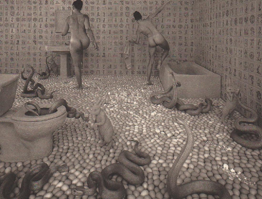 SANDY SKOGLUND - Walking on Eggshells: Artist: SANDY SKOGLUND Print Title: Walking on Eggshells Medium: PhotoLitho Printing Date: 1999 Printed: USA Image Size:6" X 5" Please note that this lot has a confidential reserve. When you leave a b