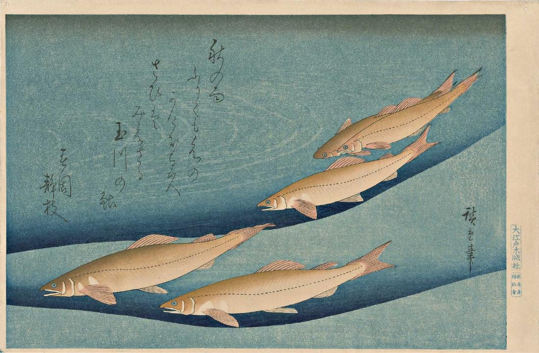 Ando Hiroshige Japanese Woodblock Print: Ando Hiroshige Ayu (Trout) Showa era edition published from recarved blocks 16 x 10.5 inches overall From the series: "Grand Series of Fishes" originally published 1840 Medium: Japanese Woodblock Prin