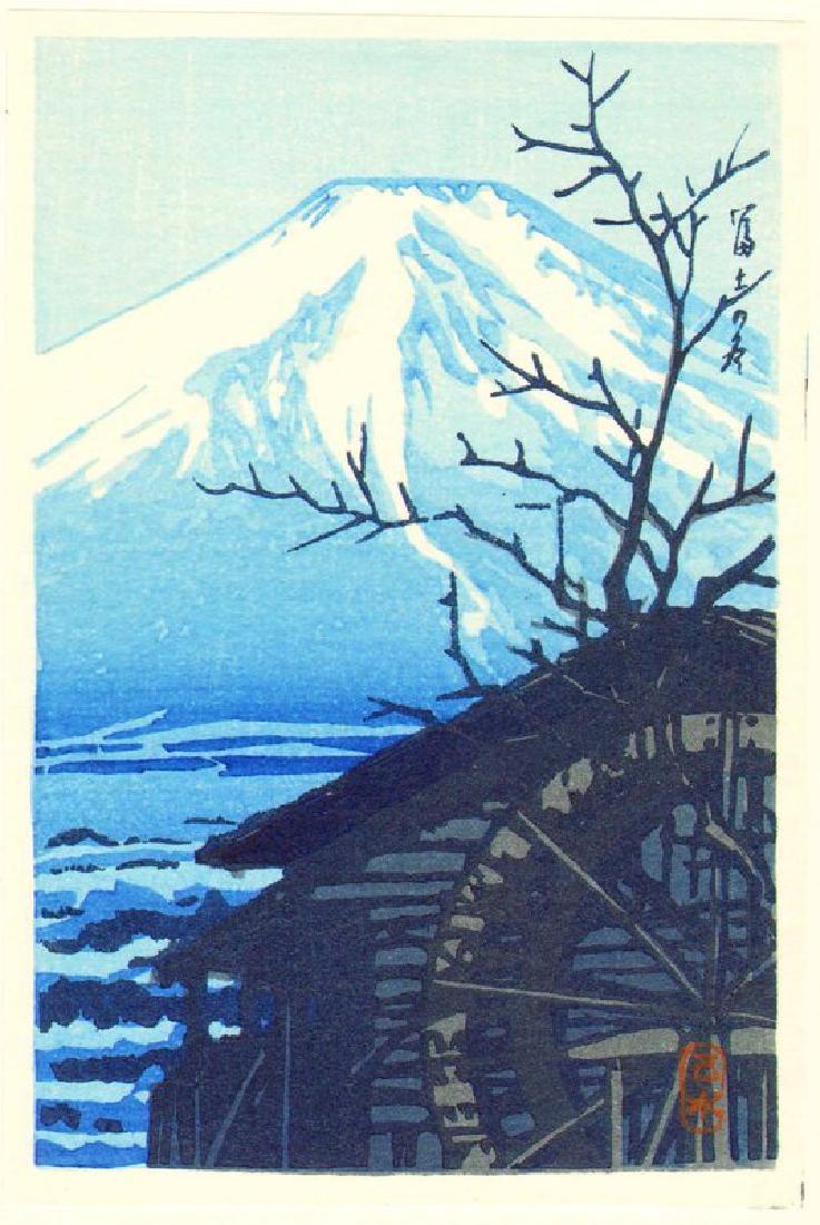 Kawase Hasui Japanese Woodblock Print: Kawase Hasui [seal] Mt. Fuji in Winter 1930s-1950s. This edition is early post-war 6.0 x 4.0 inches Bears the artist's seal Publisher: Watanabe Shozaburo Medium: Japanese Woodblock Print Hasui Kawase 