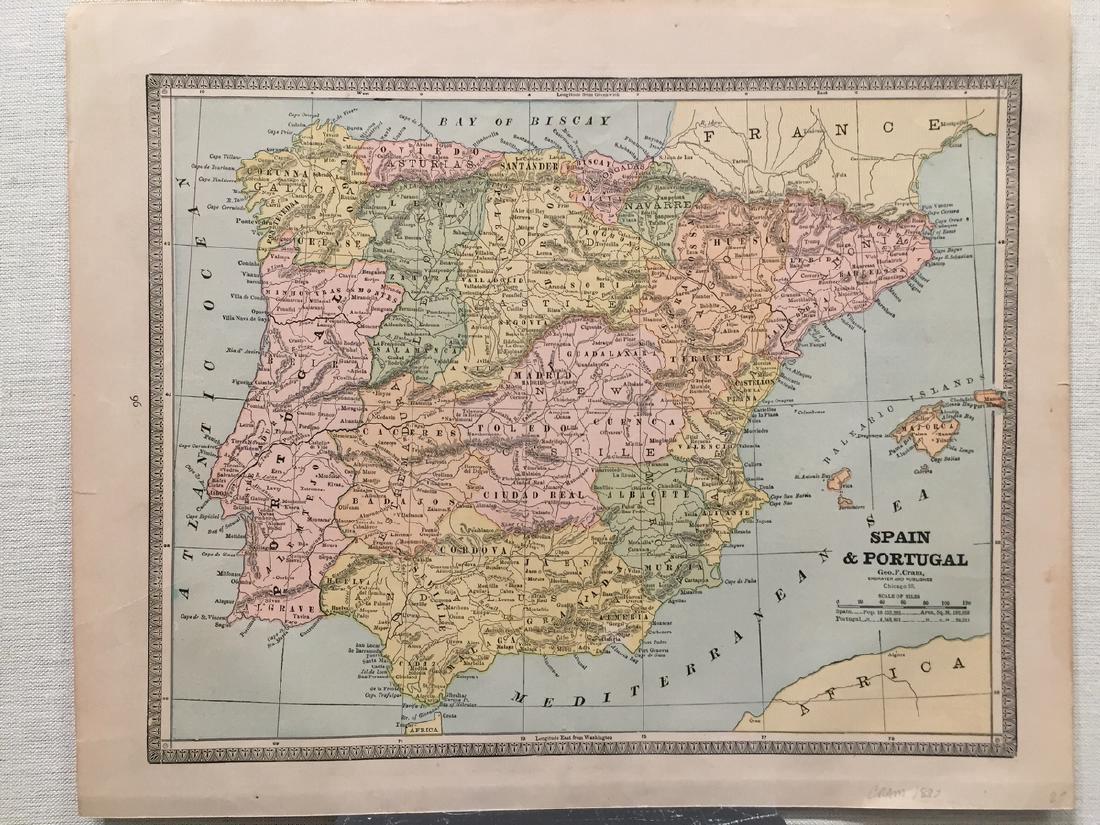 Cram: Antique Map of Spain & Portugal, 1887: Title: Map of Spain and Portugal by Cram Date: c 1887 Dimensions (inches): 13.5 x 11 Medium: Wax Engraving Condition: Good Condition George F. Cram (1842-1928) served in the U.S. Army during the Ameri