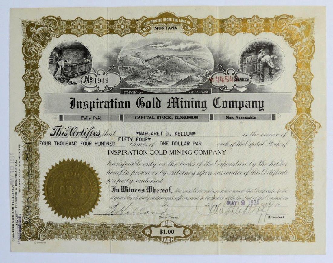1934 Inspiration Gold Mining Company Montana Stock (1 of 1)
