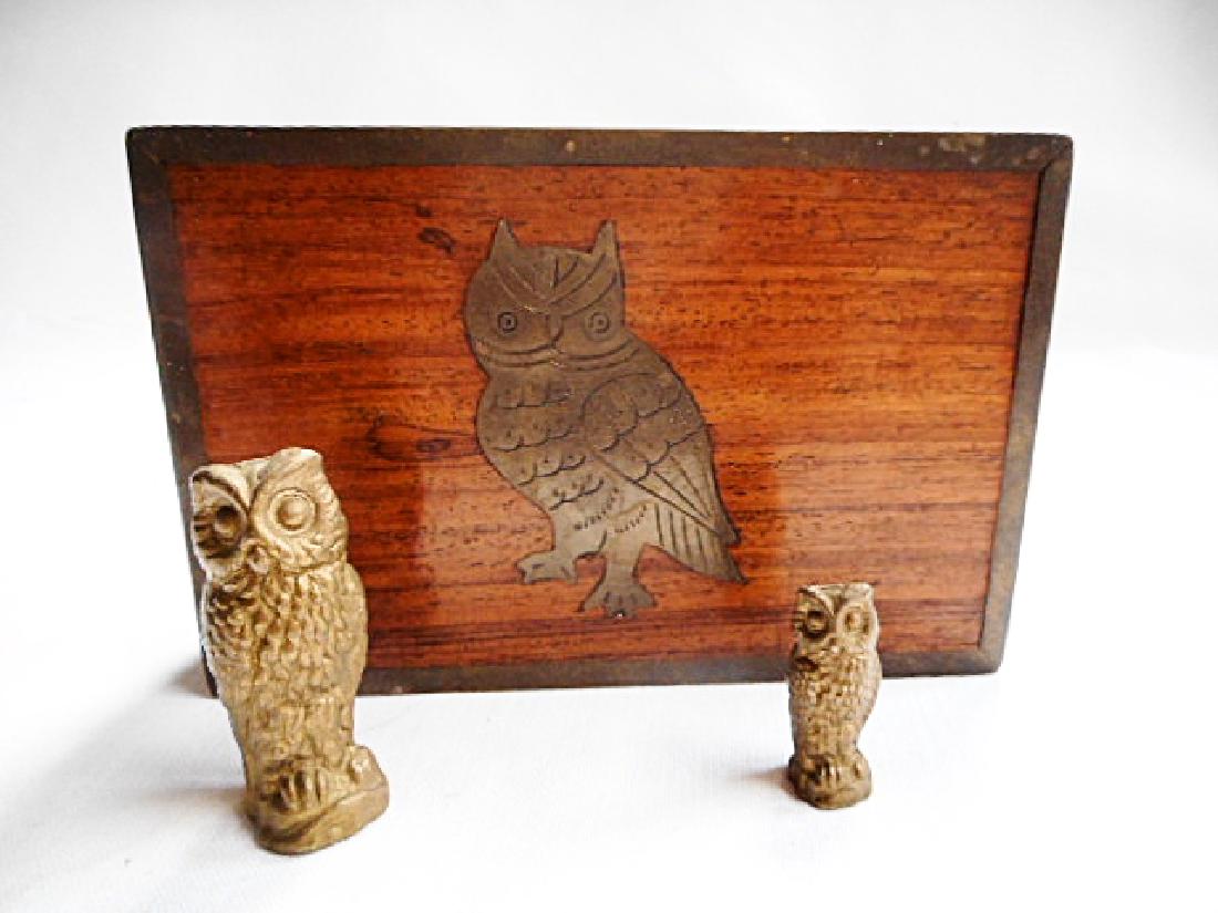 Teak & Bronze 3 pc. Owl Lot, Box & Figurines (1 of 4)