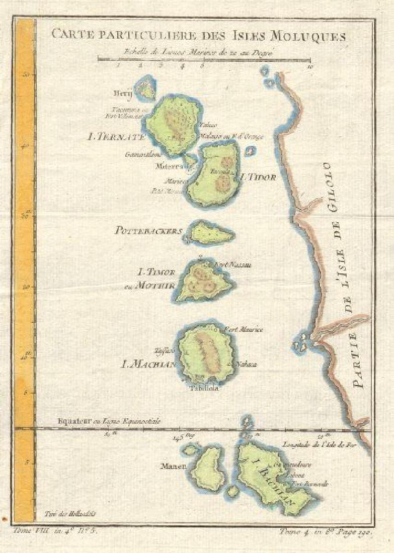 Bellin: Antique Map of Maluku Islands, Indonesia, 1757: Title/Content of Map: 'Carte Particuliere des Isles Moluques. ' Maluku Islands - Halmahera - Ternate - Pulau Tidore - Makian Island - Bacan - Palamea Date Printed: 1757 Image Size: Approx 23.5 x 16.5c