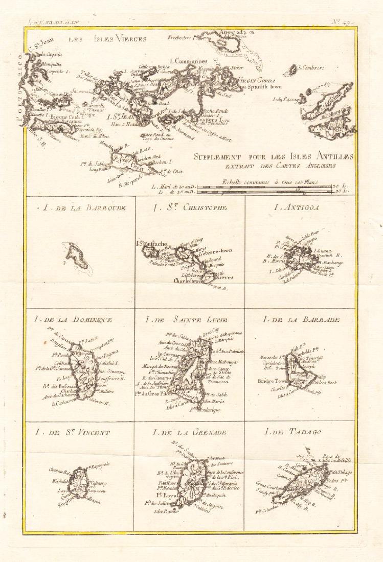 Bonne: Map of Virgin Islands/Lesser Antilles, 1780: Map: Supplement pour les Isles Antilles Cartographer: Rigobert Bonne Place & Date: Paris / 1780s Size: 8 1/2" x 13" Condition: b&w with colored border; overall age toning; minor browning, fraying and 