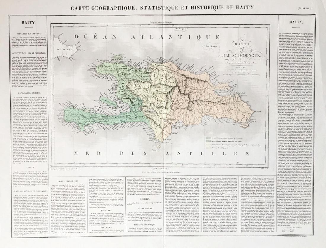 Buchon: Antique Geographical Map of Haiti, 1825: Map: Carte Geographique, Statistique et Historique de Haity Cartographer: Buchon Place & Date: Paris / 1825 Size: 21" x 16 3/4" (including text blocks). Condition: wash color; overall age toning; repa