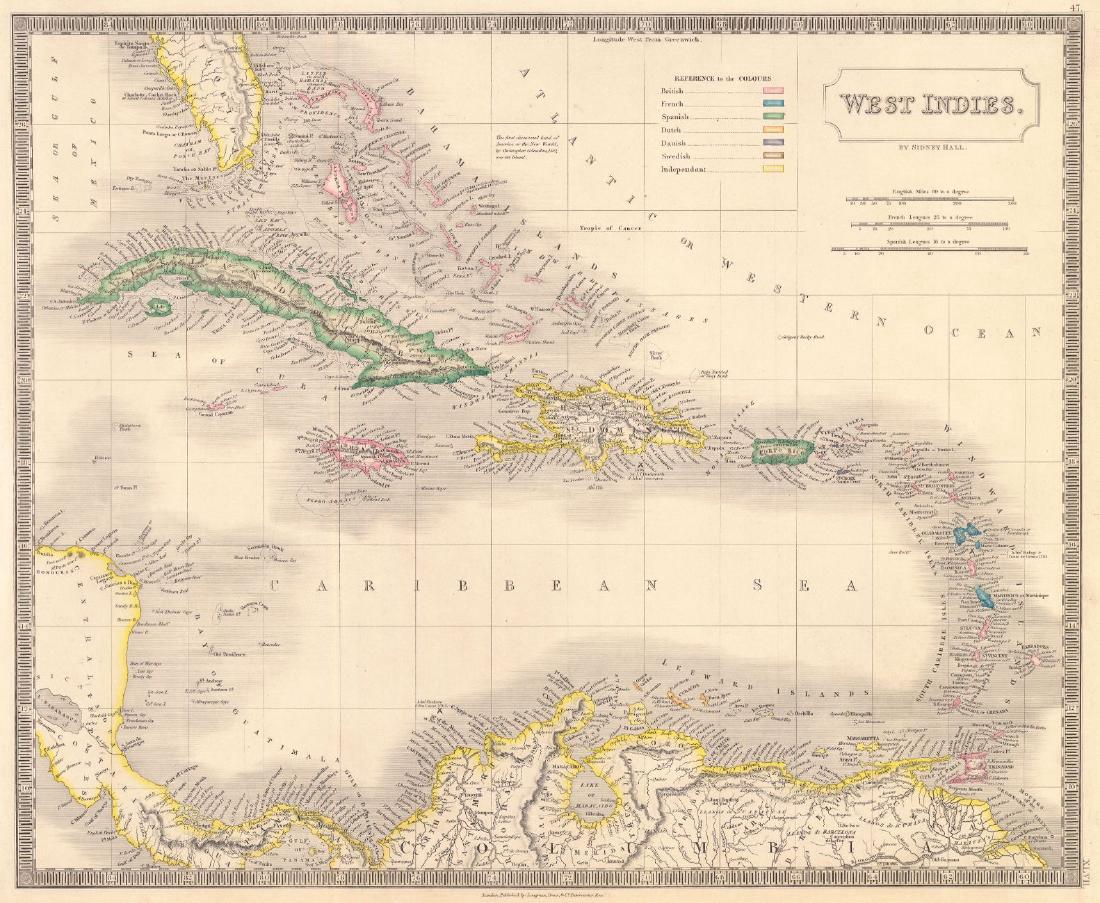 Sidney Hall: Antique Map of the West Indies, 1838: Map: West Indies Publication Date: 1838 Authors: LONGMAN, ORME & CO., HALL, SIDNEY Publisher: LONGMAN, ORME & CO. Size: Folio – 16.30 H x 20.00 W Inches Map detailing islands according to color with