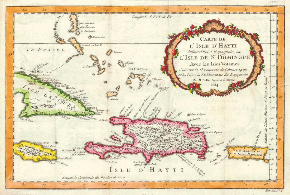 Didot/Bellin: Antique Map of Haiti, 1754: Map: Carte De L'isle D'hayti Publication Date: 1754 Authors: DIDOT, BELLIN, JACQUES NICOLAS, ELDER (1703-1772) Publisher: DIDOT Size: Quarto – 8.60 H x 13.20 W Inches aujourd'hui l'Espagnole, ou l'I
