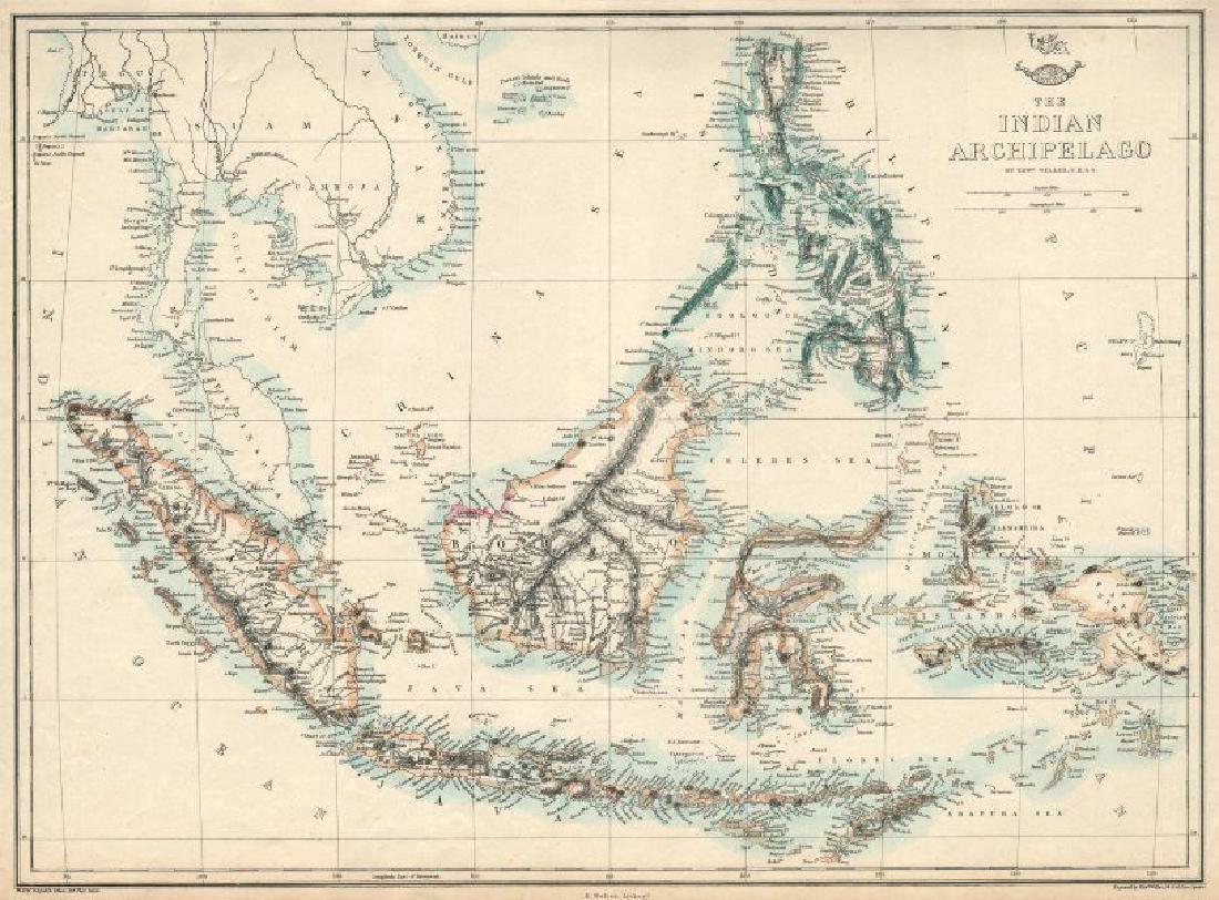 Weller: Antique Map of Indian Archipelago, 1863: Title/Content of Map: 'The Indian Archipelago' East Indies. The map shows the Kingdom of Sarawak, a state in Borneo established by Sir James Brooke in 1841 by receiving independent kingdom status from