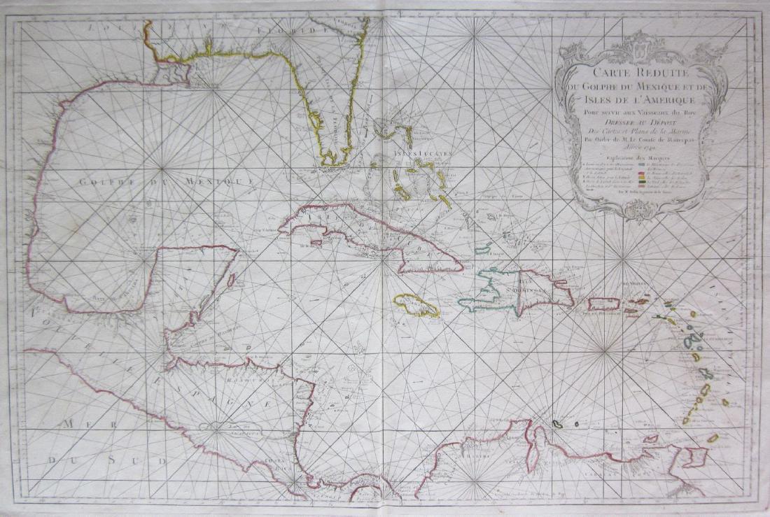 Bellin: Antique Map of Gulf of Mexico & Caribbean, 1749: Map: Carte Reduite du Golphe du Mexique et des Isles de l'Amerique Cartographer: Bellin Place & Date: Paris / 1749 Size: 32 1/4" x 21 1/8" Condition: outline color (cartouche uncolored); water stains 