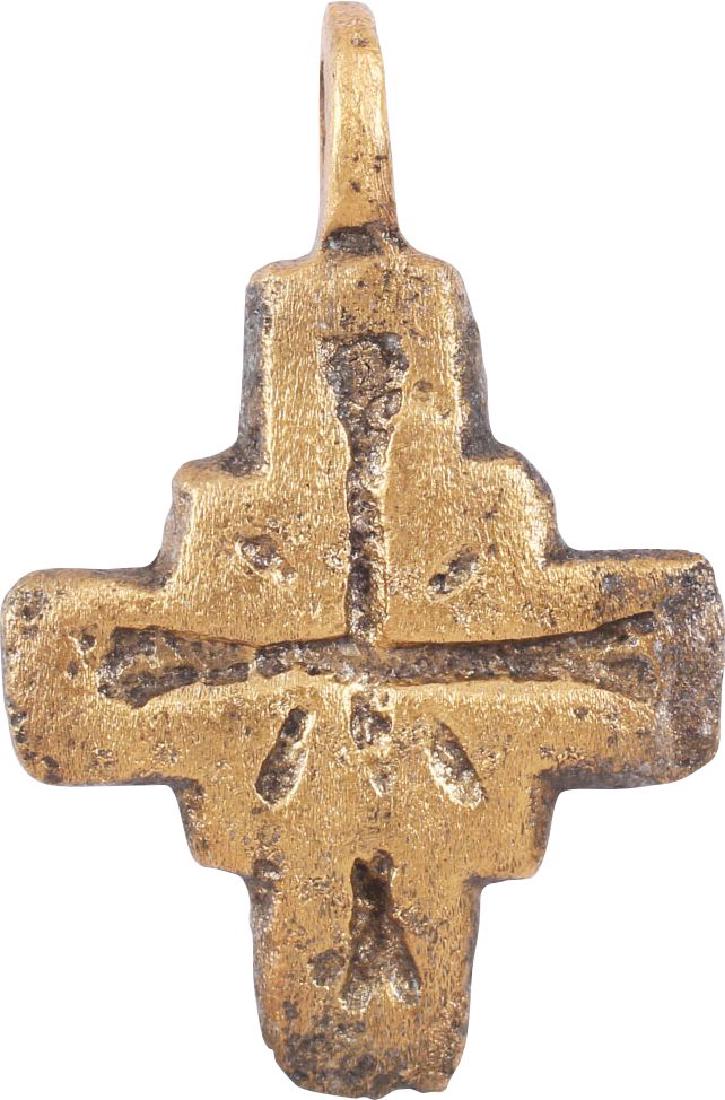BYZANTINE PILGRIM’S CROSS 5th-8th CENTURY: Gilt bronze, 1" height. Originally plated and now re-gilt for modern wear. Vertical beam with centered shorter cross beam. The front with broad line incised cross within. All items purchased are accom