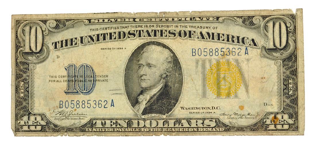 Rare 1934-A $10 U.S. Yellow Seal Silver Certificate (1 of 2)