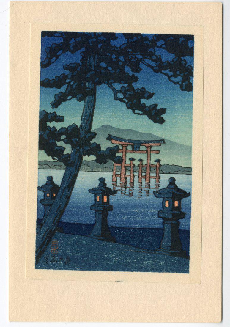 Hasui Kawase Torii at Miyajima Japanese Woodblock Print: Artist: Hasui Kawase / Watanabe Subject: Torii at Miyajima Date: 1930's Tipped to card Medium: Japanese Woodblock Print Size: 3.8 x 5.7 Hasui Kawase (1883-1957) was a Japanese artist and printmaker wh