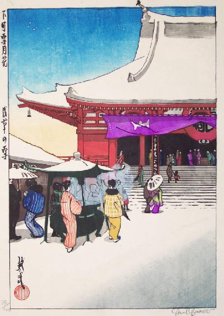 Paul Binnie Snow at Asakusa Japanese Woodblock Print: Artist: Paul Binnie (1967-present) Title: "Snow at Asakusa" ("Asakusa no Yuki") Date: January 1998, Limited Edition #36/100, pencil-signed Series: Landscape Series: "Snow, Moon, and Flowers in the Low